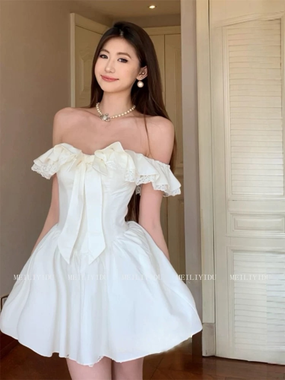 Off Shoulder White Ruffle Mini Dress |  Lace Trim Fit & Flare Party Dress